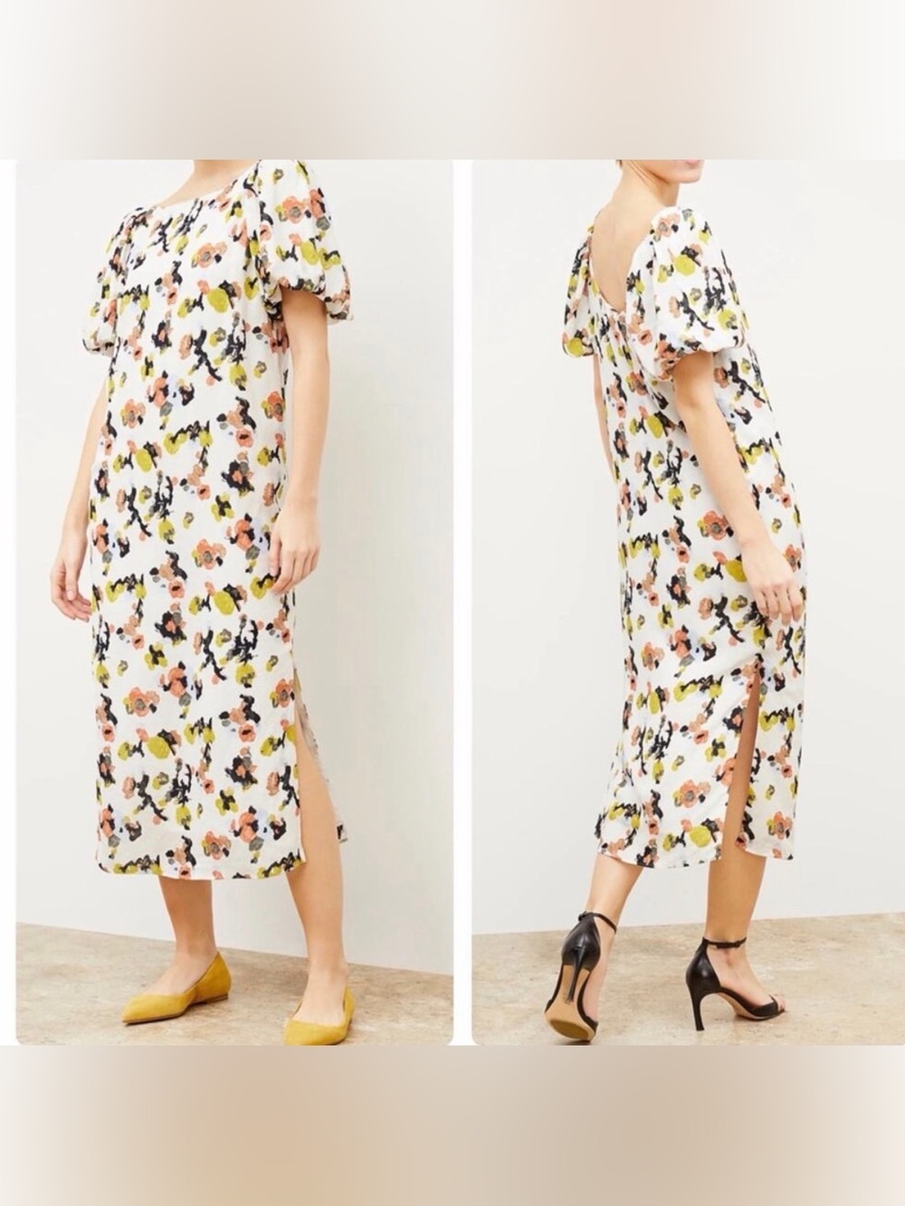 MM Lafleur White Midi Gali Dress with Peach and Yellow Floral Print